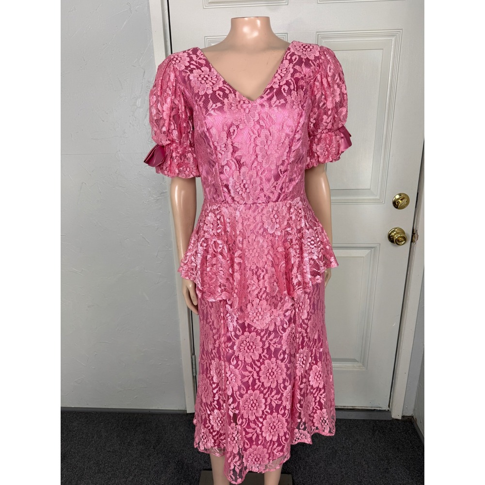 Vintage 80s Women Dress Formal Prom Lace Peplum Evening Midi Party Ruffle Z3-25